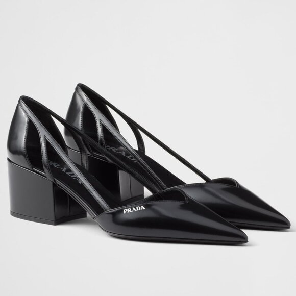 PRADA Runway Pointed Toe Cutout Cut Out Block Heel Brushed Leather Pumps - Picture 2 of 16
